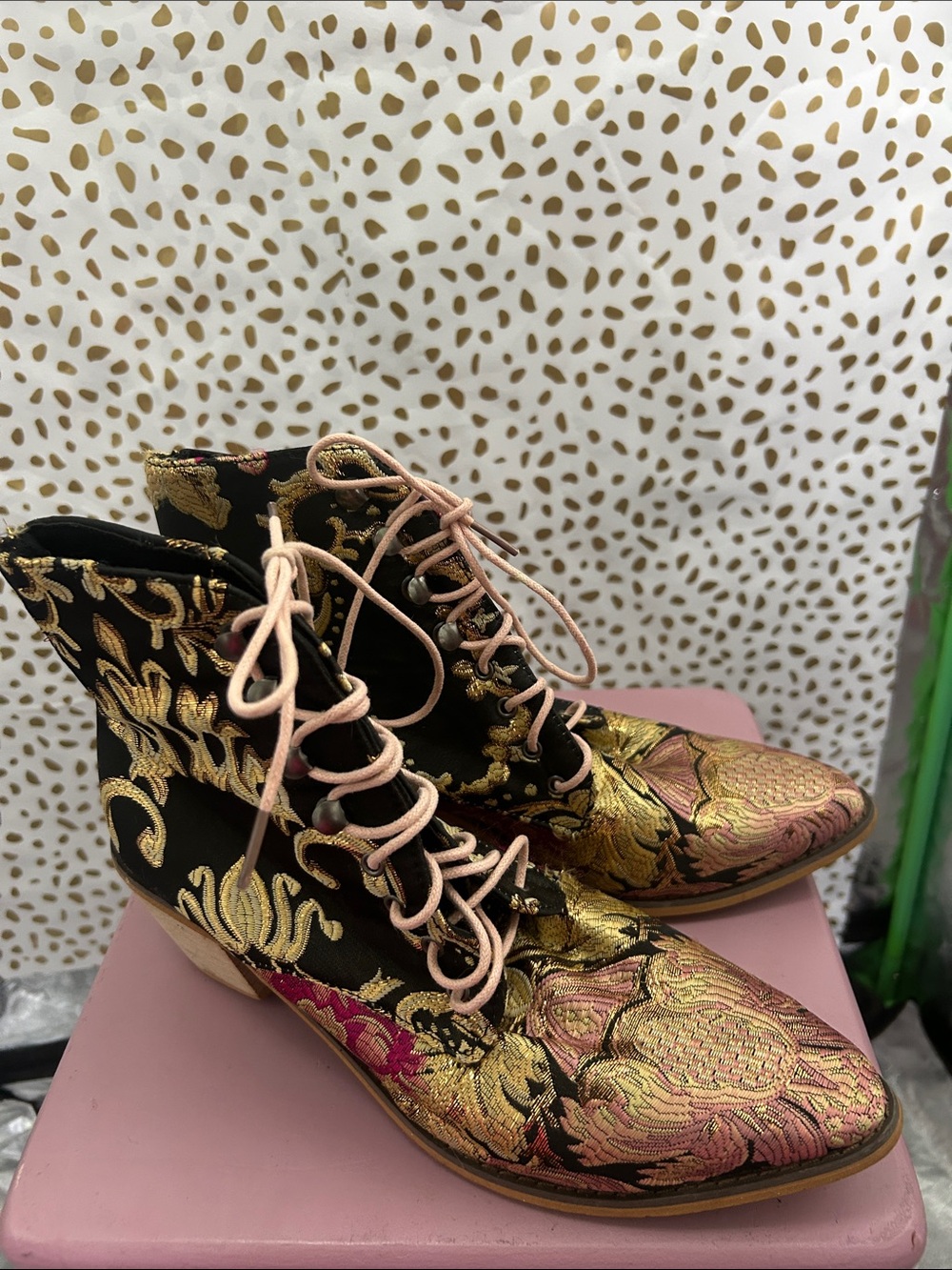Black & Gold Brocade Lace-Up Ankle Boots with Pink Accents